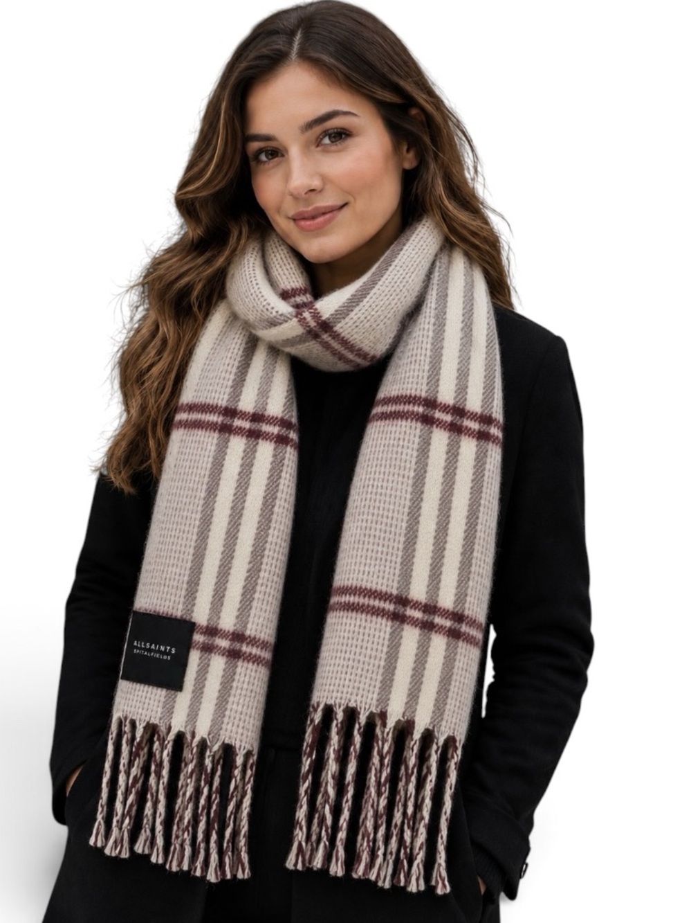 All Saints Plaid Fringe Wool Scarf in Cream, Brown & Burgundy